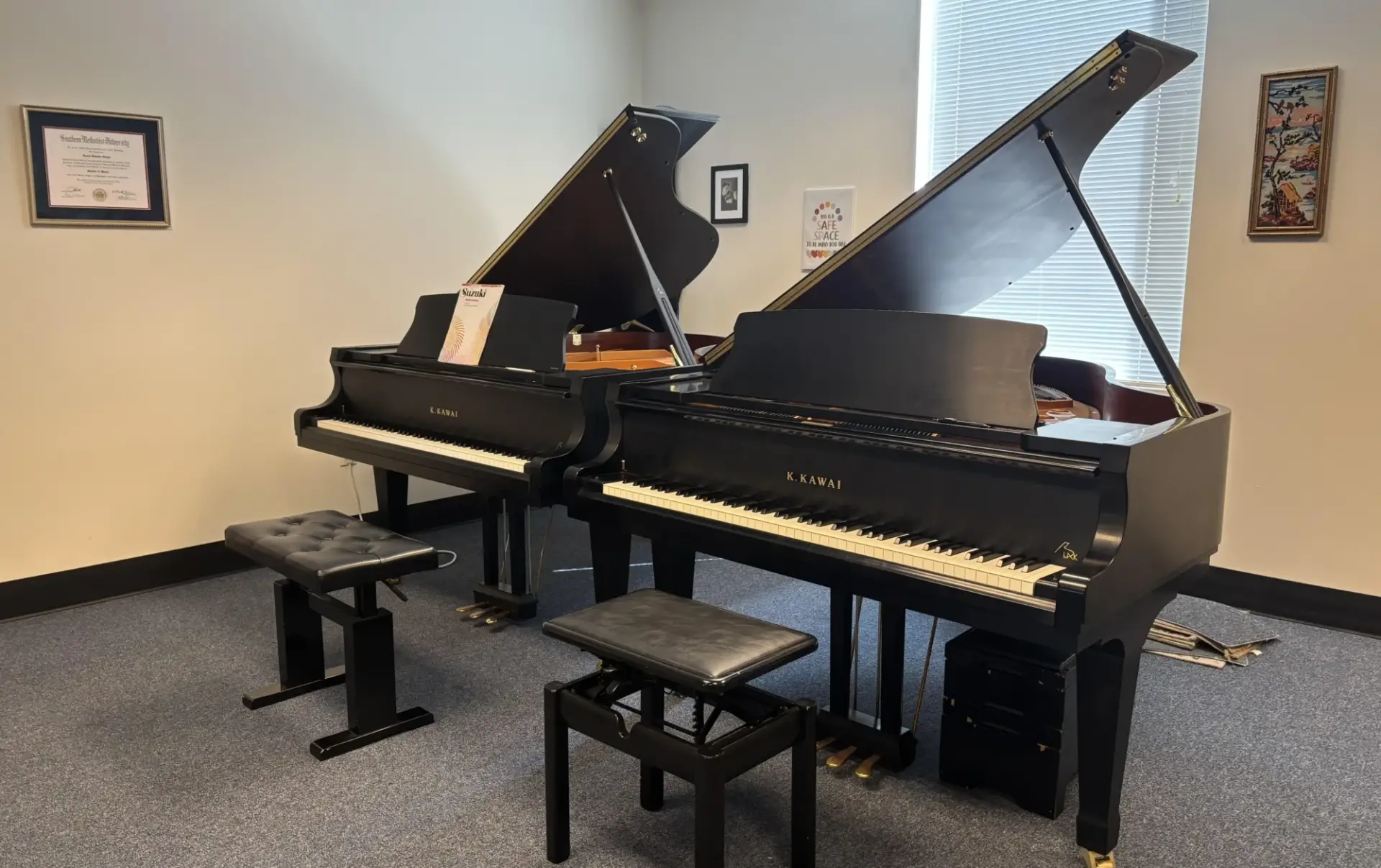 Sunset Suzuki Academy piano classroom with multiple pianos